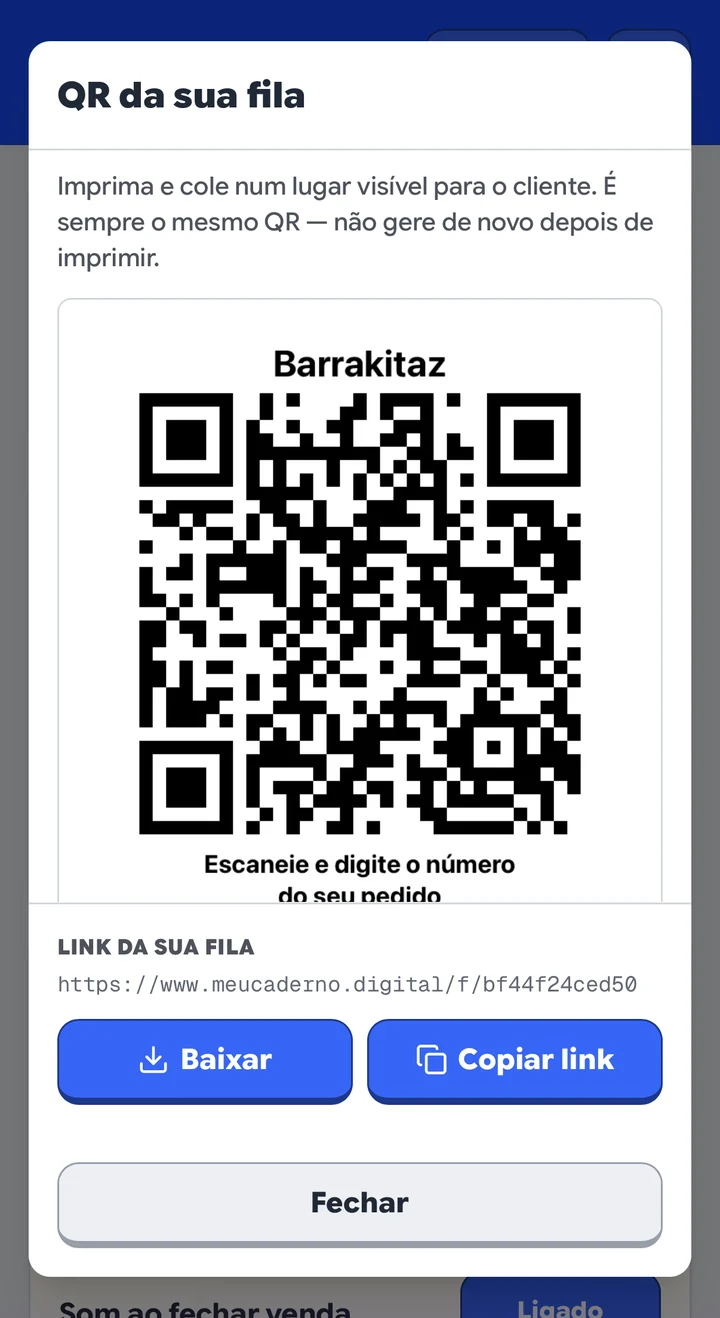 Modal do cartaz de QR da fila, pronto para imprimir