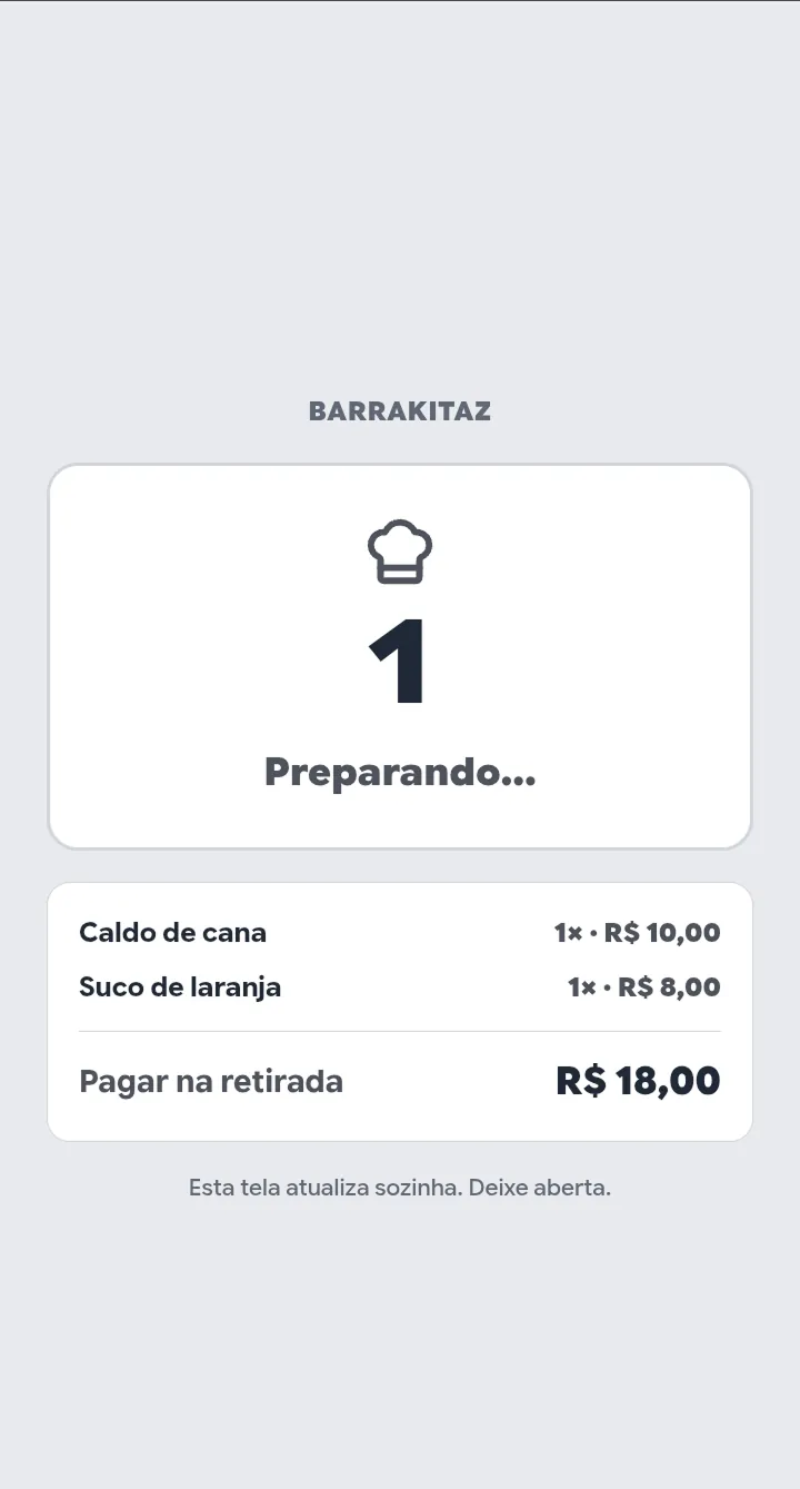 Tela do cliente mostrando pedido 1 preparando, com itens e total