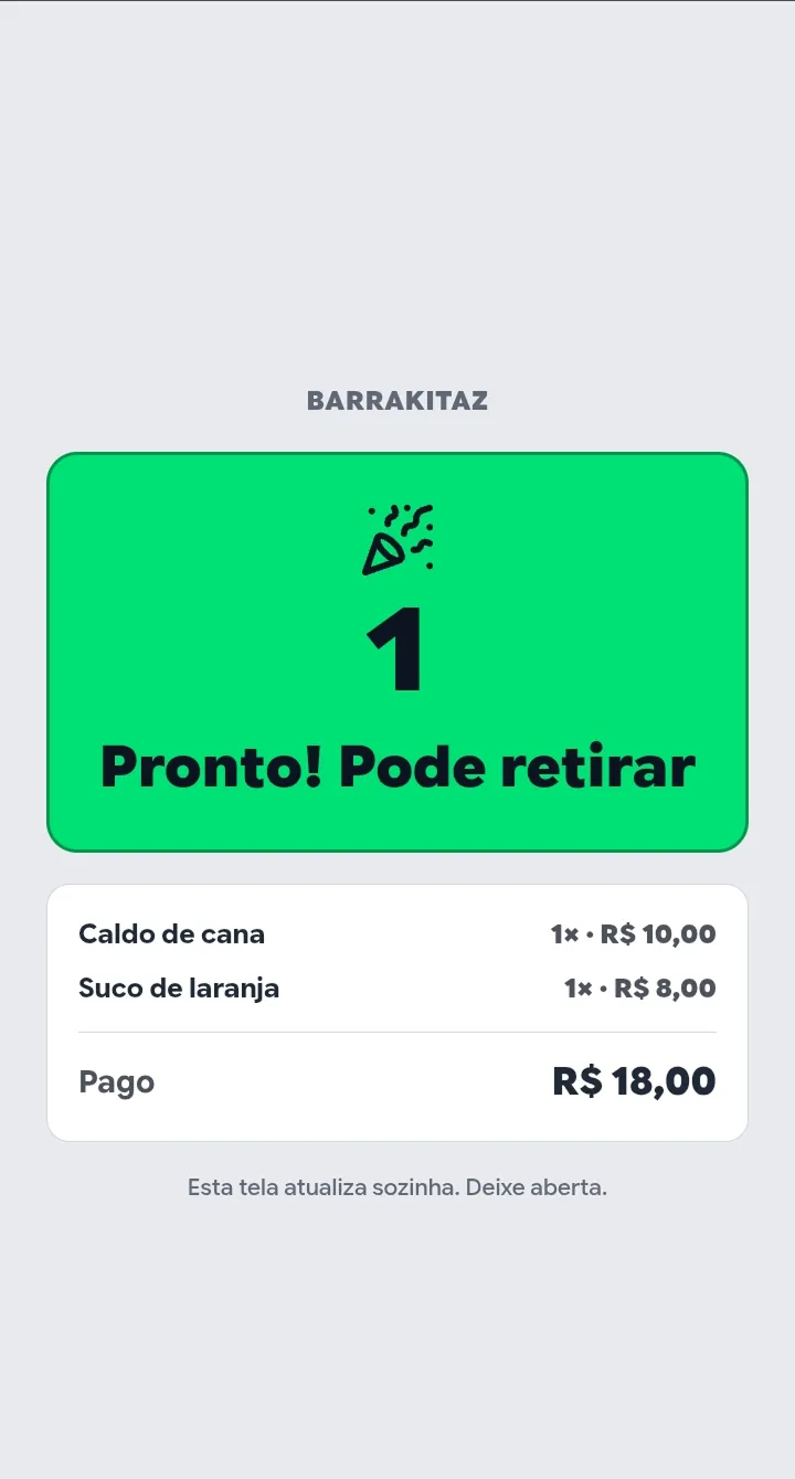 Tela do cliente mostrando pedido 1 pronto para retirar, já pago