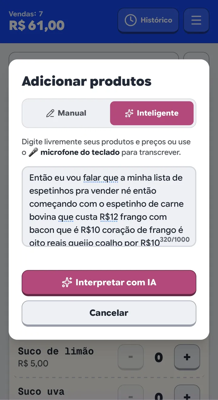 Modal de adicionar produtos na aba Inteligente, com um texto ditado sem pontuação