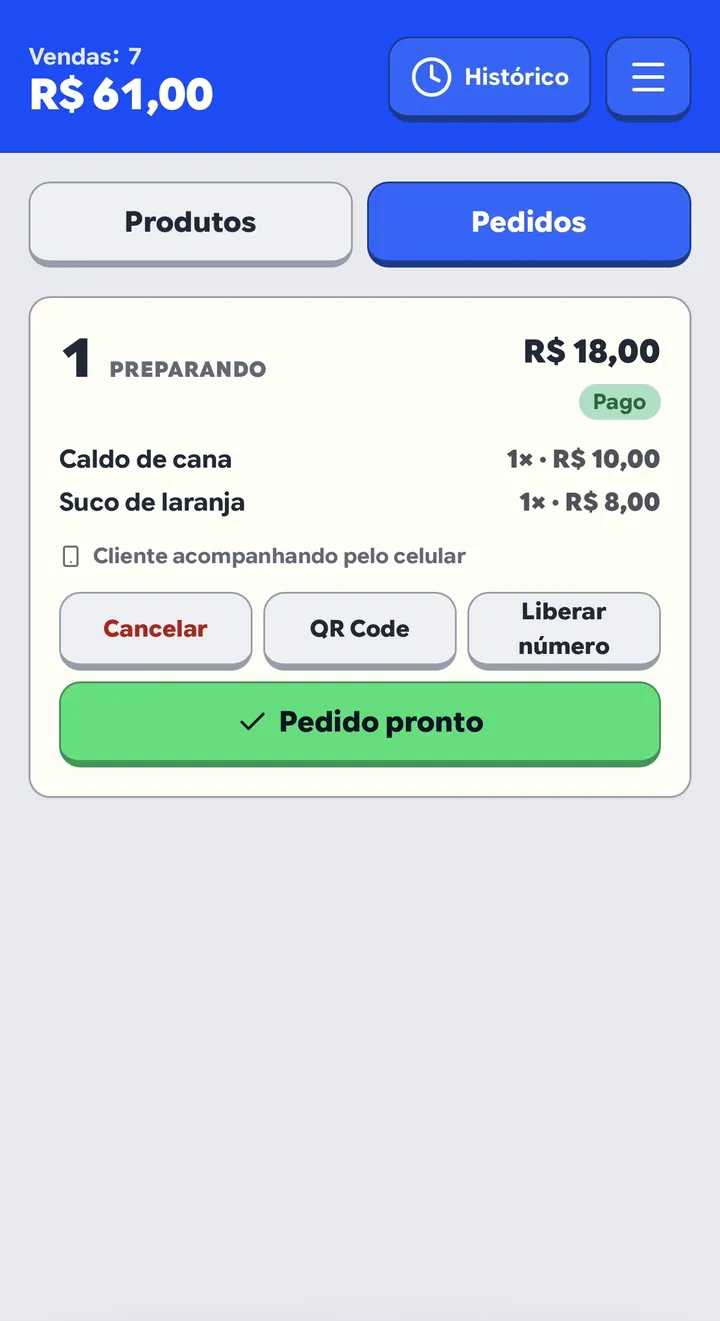 Cartão do pedido na fila do vendedor, com os botões de avançar
