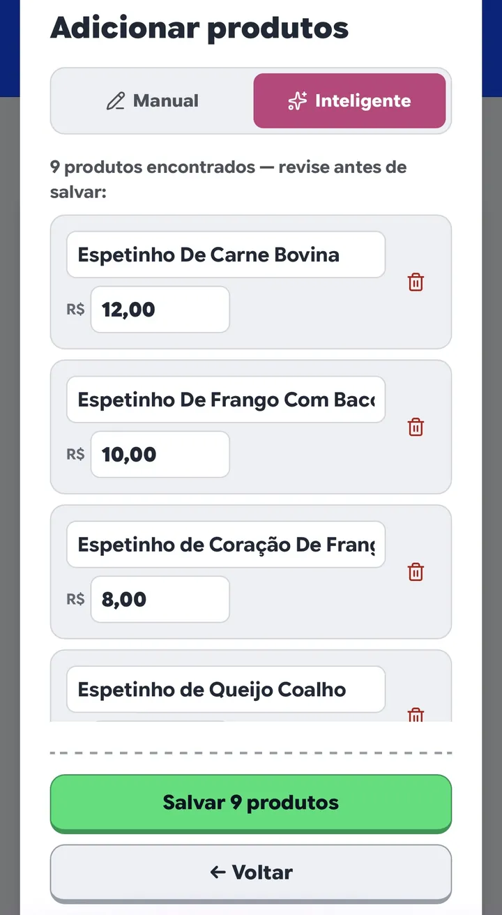 Nove produtos encontrados pela IA, cada um editável antes de salvar