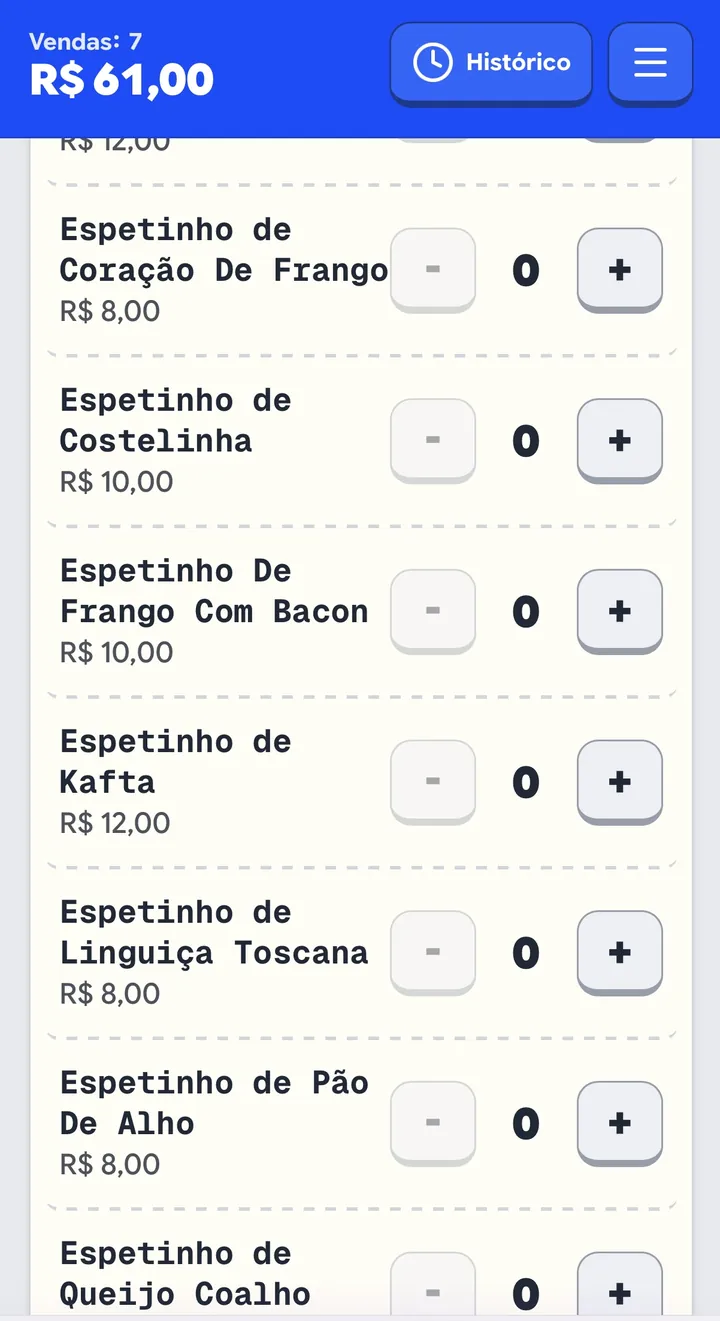 Os produtos já na lista de venda, com nome e preço