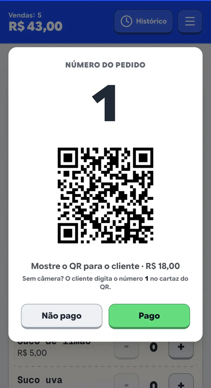 Modal com o número do pedido, o QR e os botões Pago e Não pago