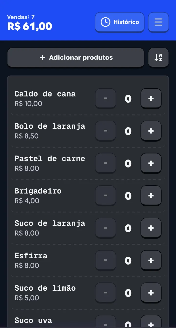 A mesma tela de venda no tema escuro