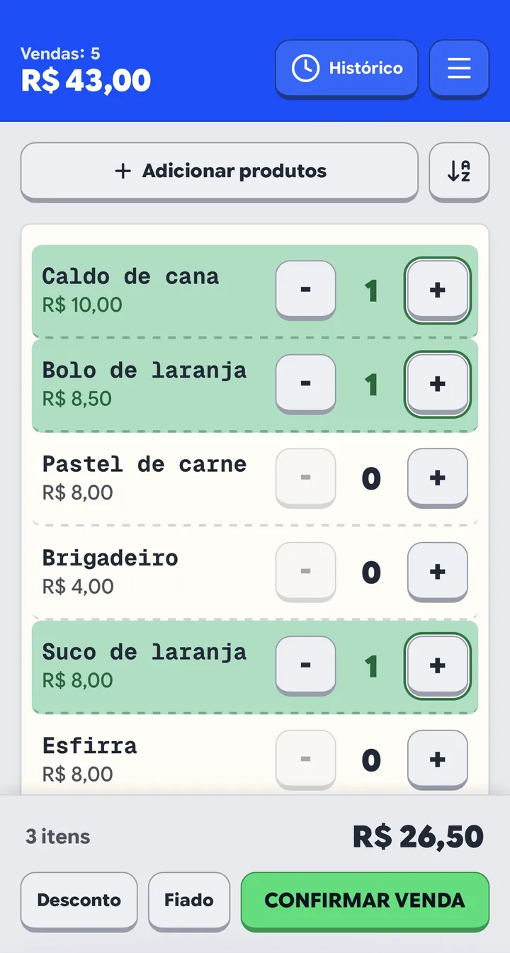 Tela de venda com três produtos selecionados e o total de R$ 26,50