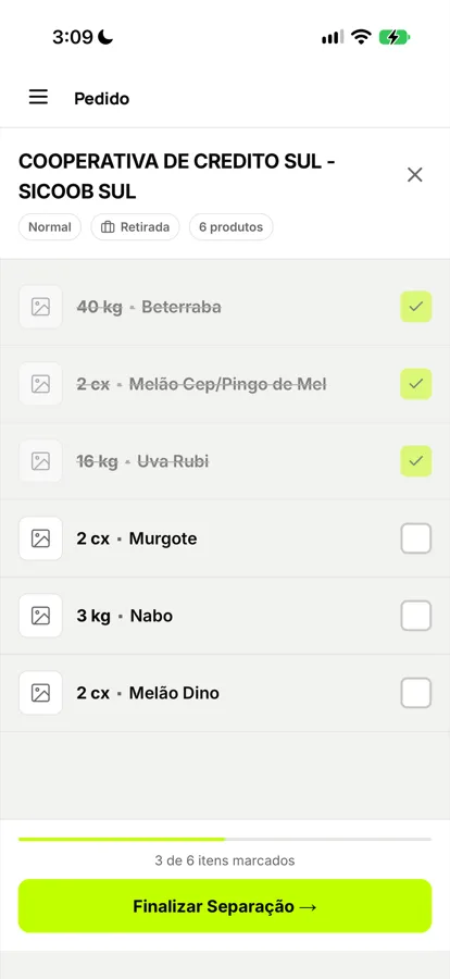 Tela do separador no celular
