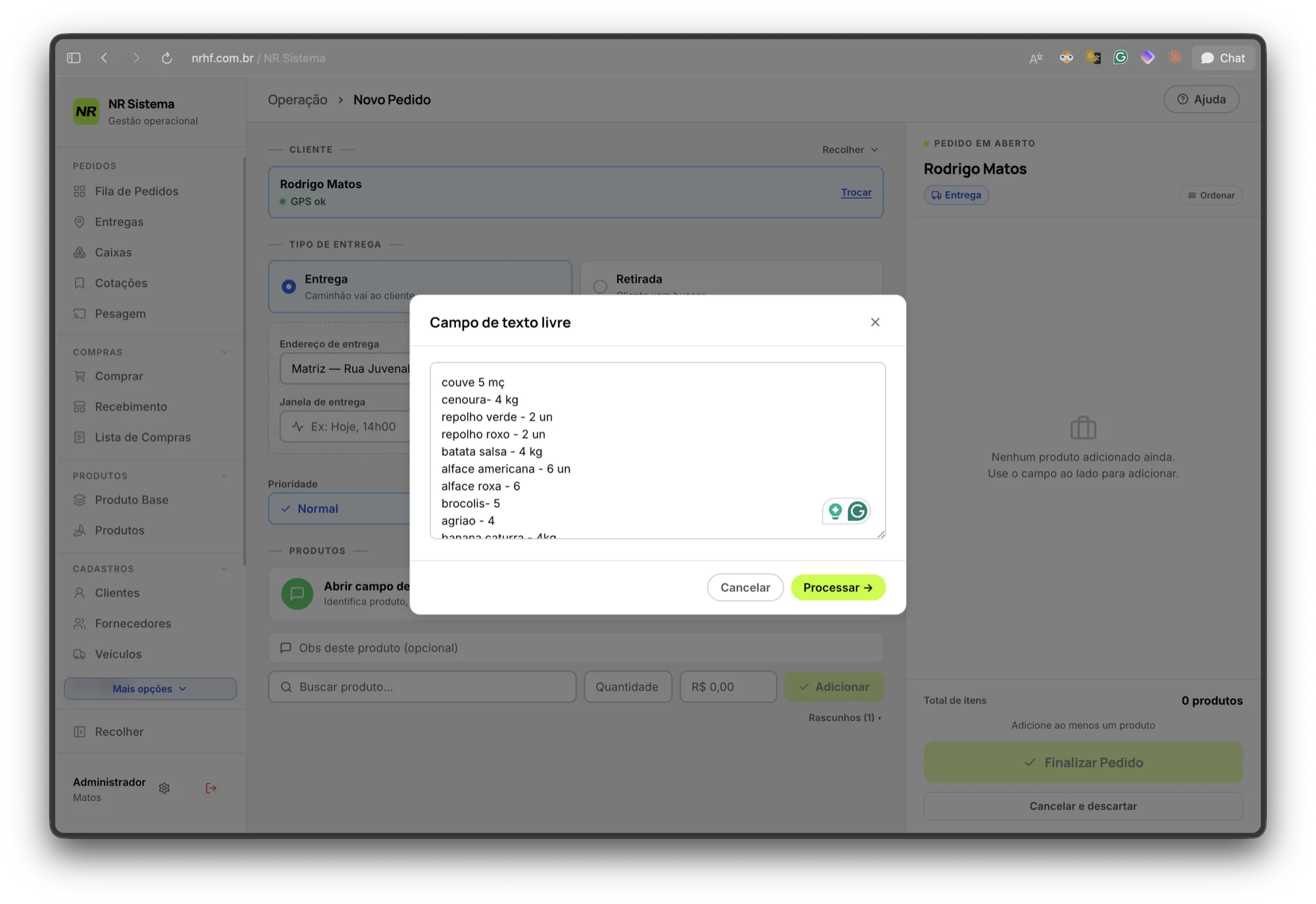 Modal Campo de texto livre com a lista de WhatsApp colada e o botão Processar